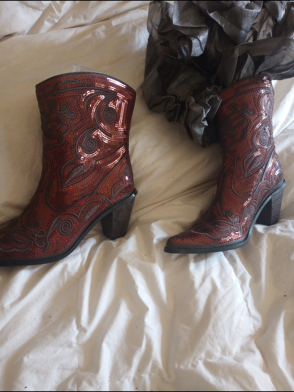 Sequined 10  Bronze HelenHeart Western Ankle Boots - Women's Fashion Heel